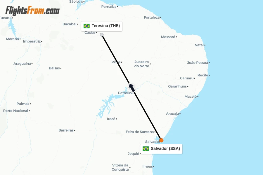 Flights from Salvador to Teresina route map