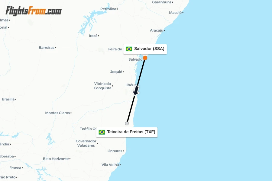 Flights from Salvador to Teixeira de Freitas route map