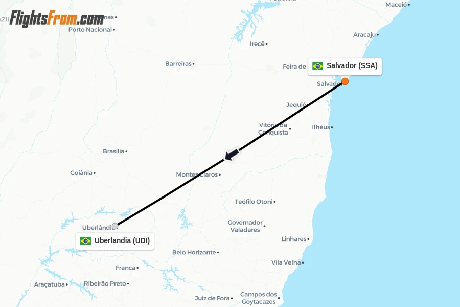 Flights from Salvador to Uberlandia route map