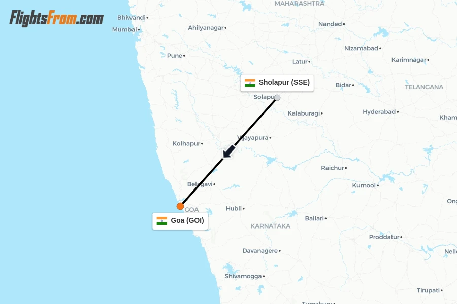 Flights from Sholapur to Goa route map