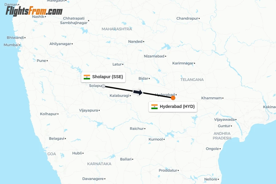 Flights from Sholapur to Hyderabad route map
