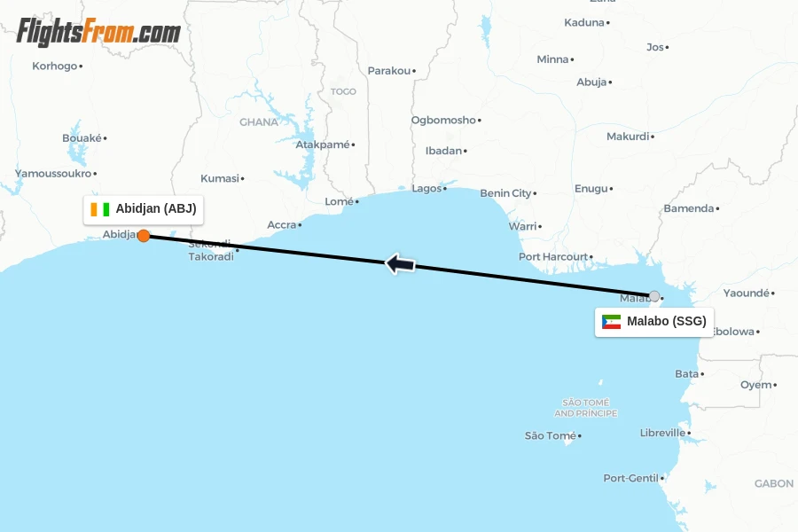 Flights from Malabo to Abidjan route map