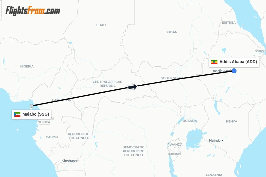 Flights from Malabo to Addis Ababa route map
