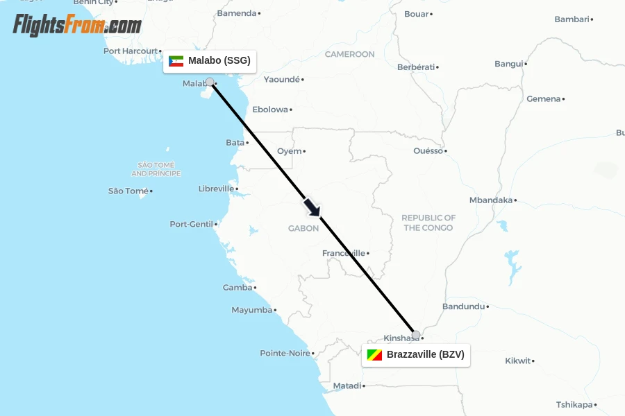 Flights from Malabo to Brazzaville route map