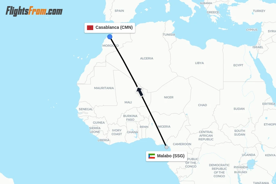 Flights from Malabo to Casablanca route map