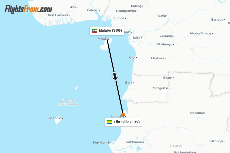 Flights from Malabo to Libreville route map