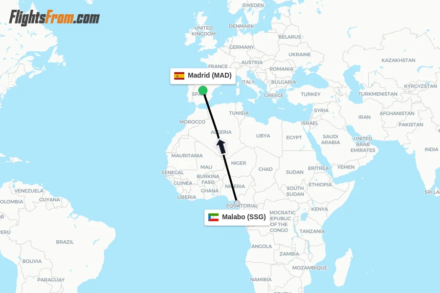 Flights from Malabo to Madrid route map