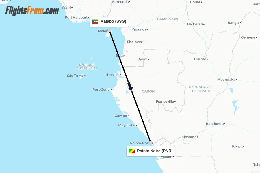 Flights from Malabo to Pointe Noire route map