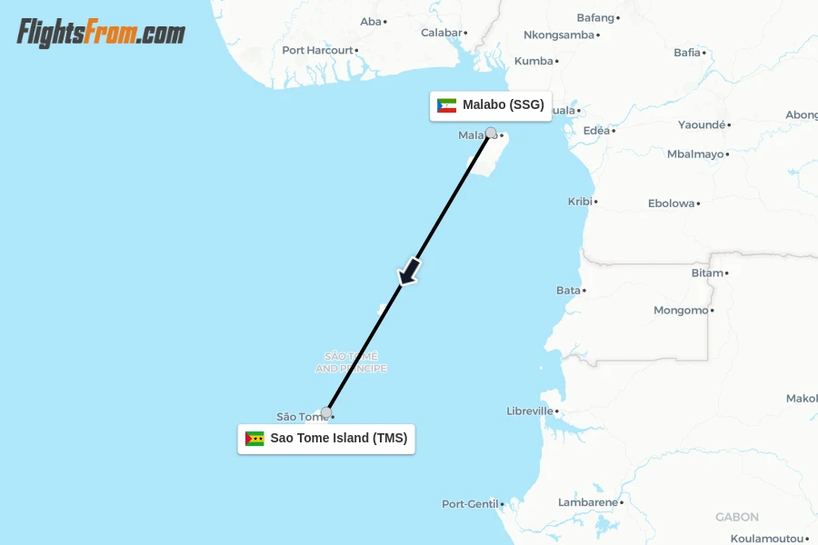 Flights from Malabo to Sao Tome Island route map