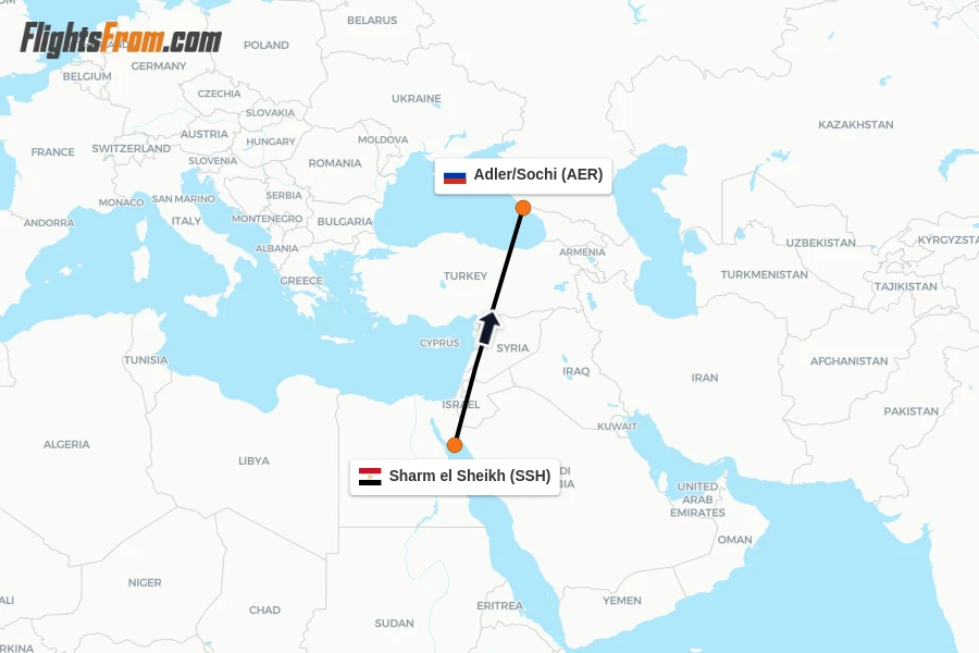 Flights from Sharm el Sheikh to Adler/Sochi route map