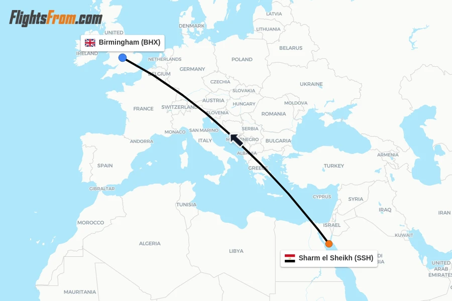 Flights from Sharm el Sheikh to Birmingham route map