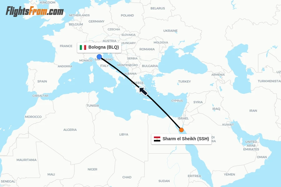 Flights from Sharm el Sheikh to Bologna route map