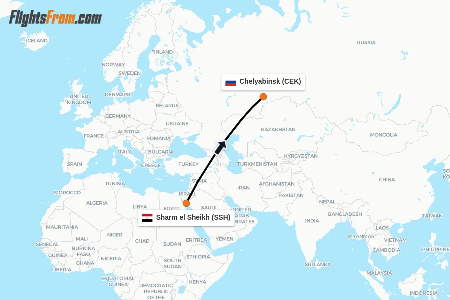 Flights from Sharm el Sheikh to Chelyabinsk route map