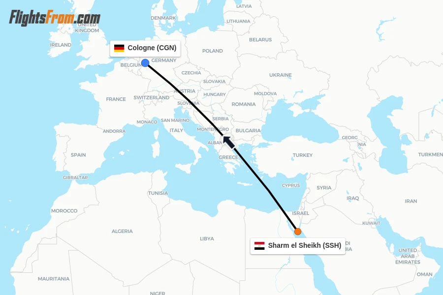 Flights from Sharm el Sheikh to Cologne route map