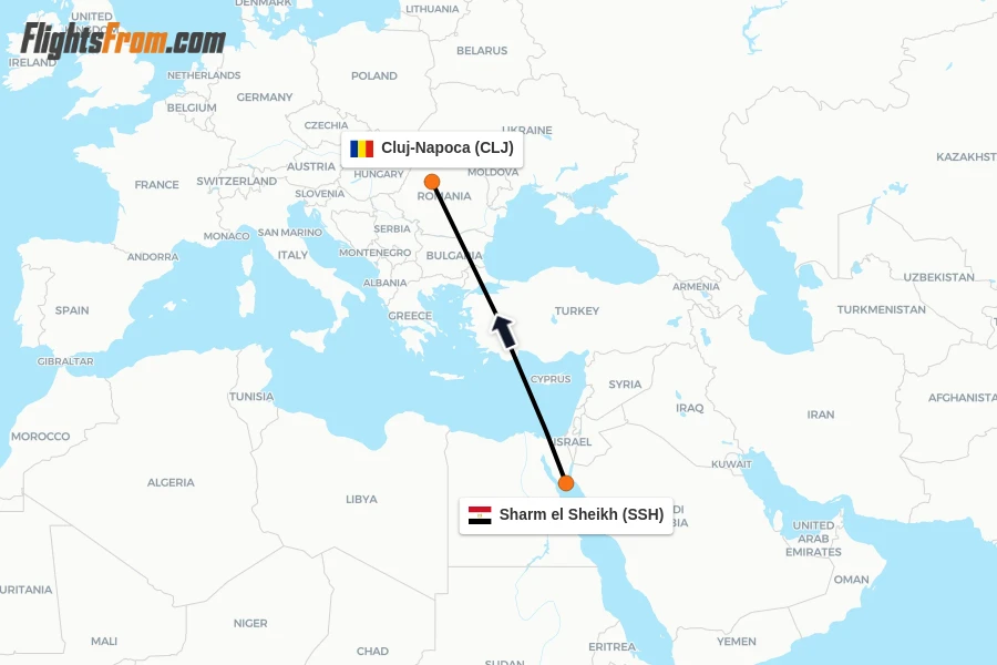 Flights from Sharm el Sheikh to Cluj-Napoca route map