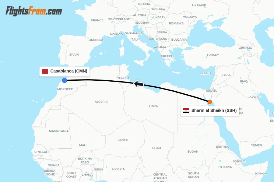 Flights from Sharm el Sheikh to Casablanca route map