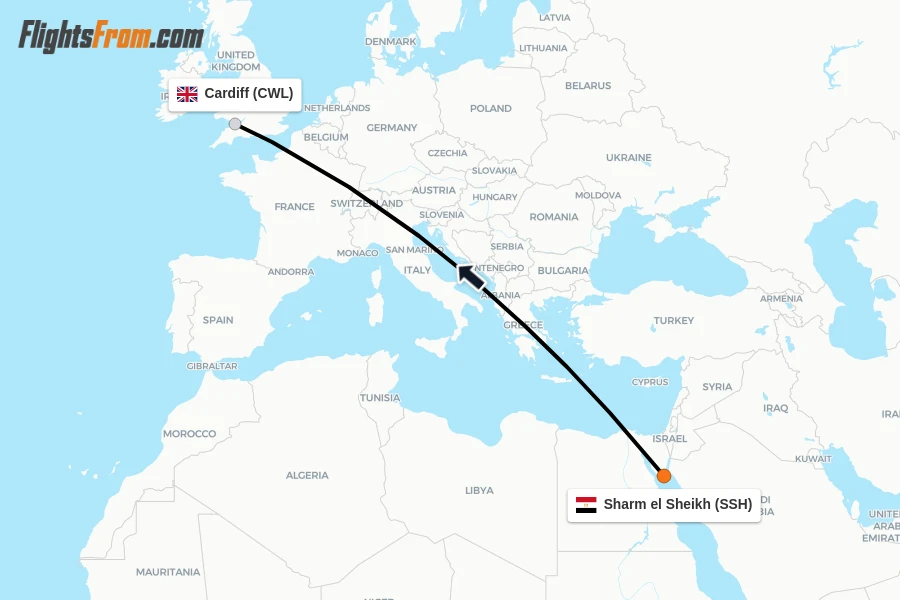 Flights from Sharm el Sheikh to Cardiff route map