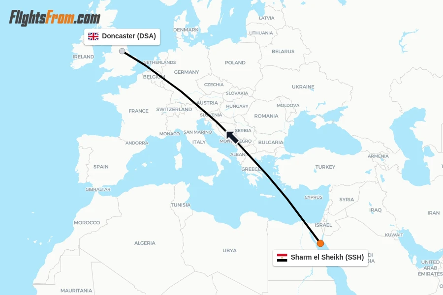 Flights from Sharm el Sheikh to Doncaster route map