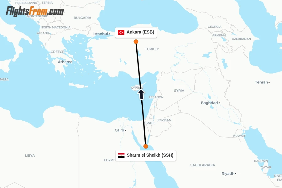 Flights from Sharm el Sheikh to Ankara route map