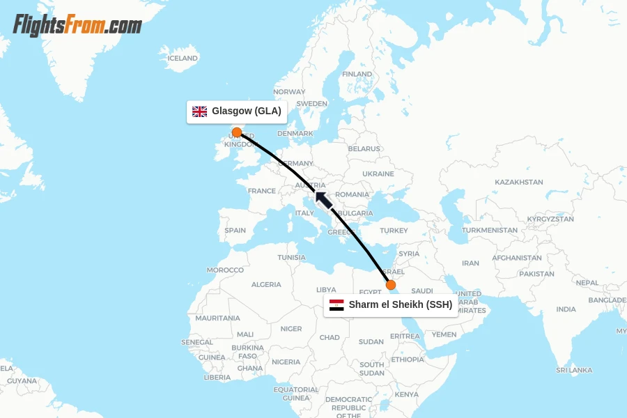Flights from Sharm el Sheikh to Glasgow route map