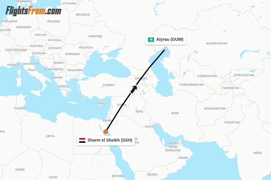 Flights from Sharm el Sheikh to Atyrau route map