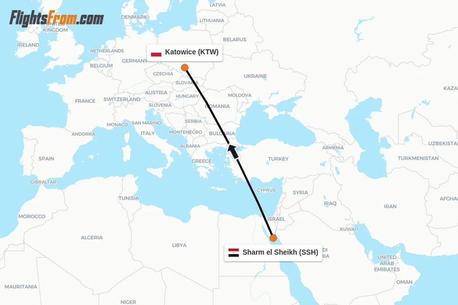 Flights from Sharm el Sheikh to Katowice route map