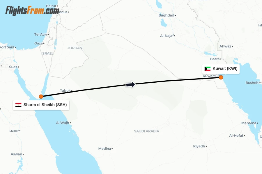 Flights from Sharm el Sheikh to Kuwait route map