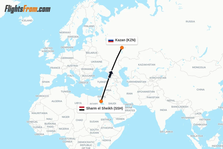 Flights from Sharm el Sheikh to Kazan route map