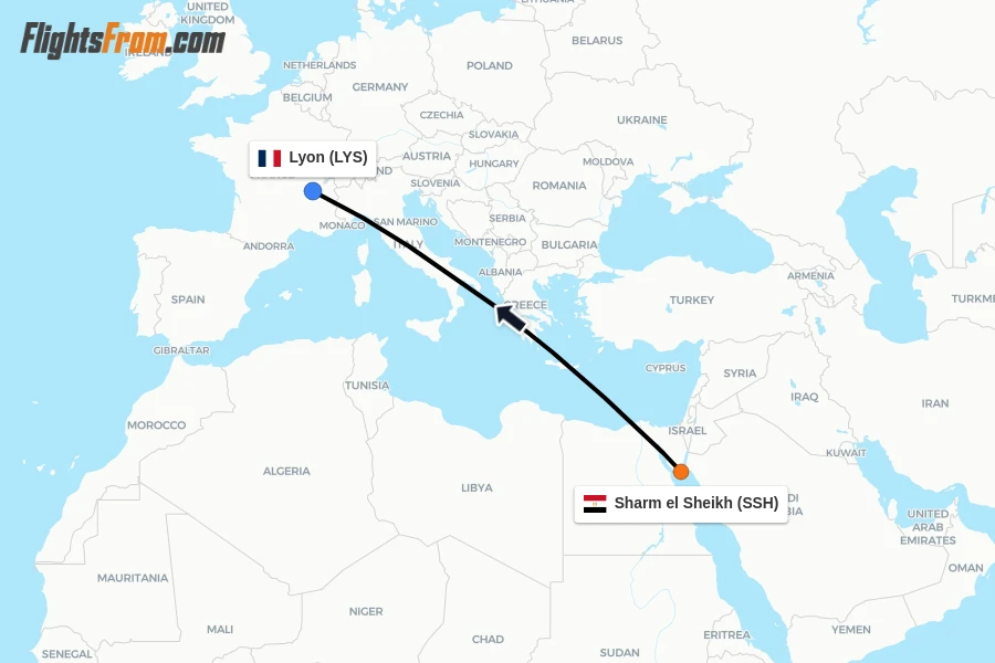 Flights from Sharm el Sheikh to Lyon route map