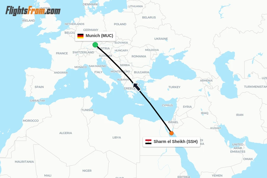 Flights from Sharm el Sheikh to Munich route map