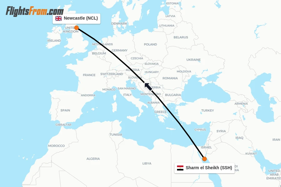 Flights from Sharm el Sheikh to Newcastle route map