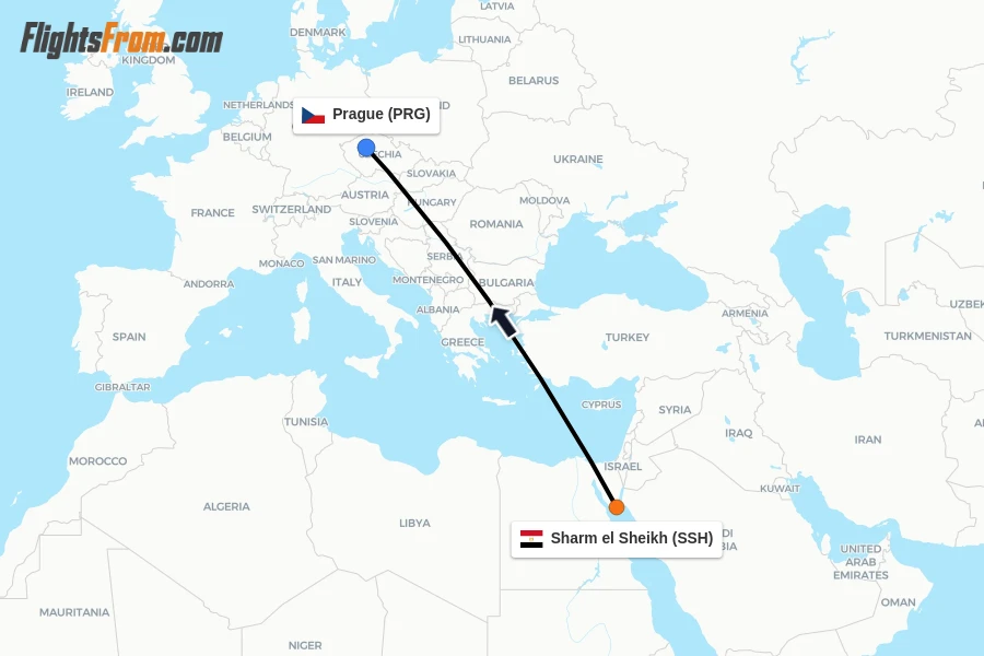 Flights from Sharm el Sheikh to Prague route map