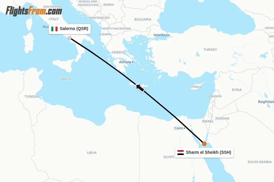 Flights from Sharm el Sheikh to Salerno route map