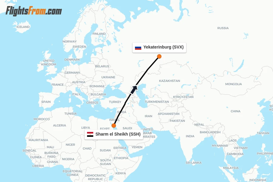 Flights from Sharm el Sheikh to Yekaterinburg route map