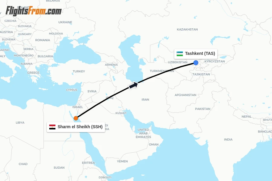 Flights from Sharm el Sheikh to Tashkent route map