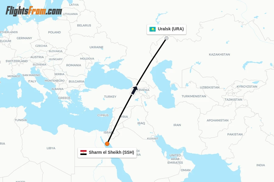 Flights from Sharm el Sheikh to Uralsk route map