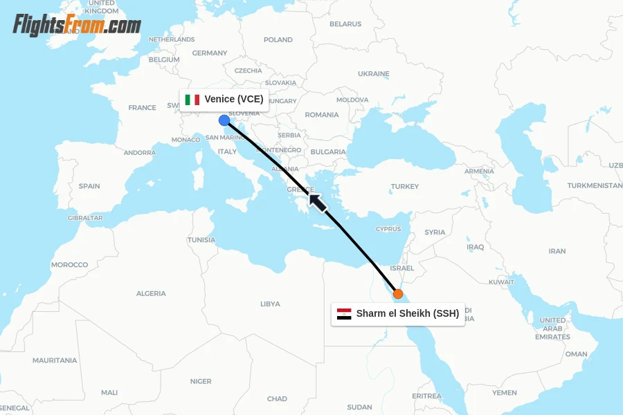 Flights from Sharm el Sheikh to Venice route map