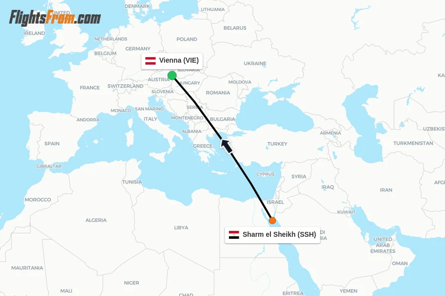 Flights from Sharm el Sheikh to Vienna route map