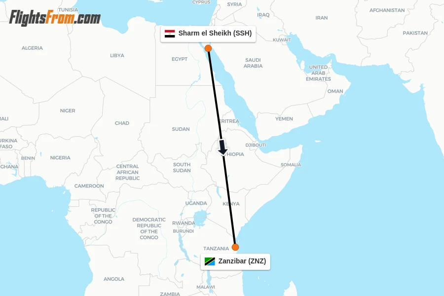 Flights from Sharm el Sheikh to Zanzibar route map