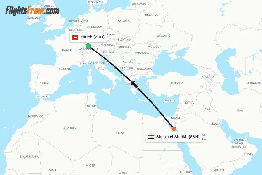 Flights from Sharm el Sheikh to Zurich route map