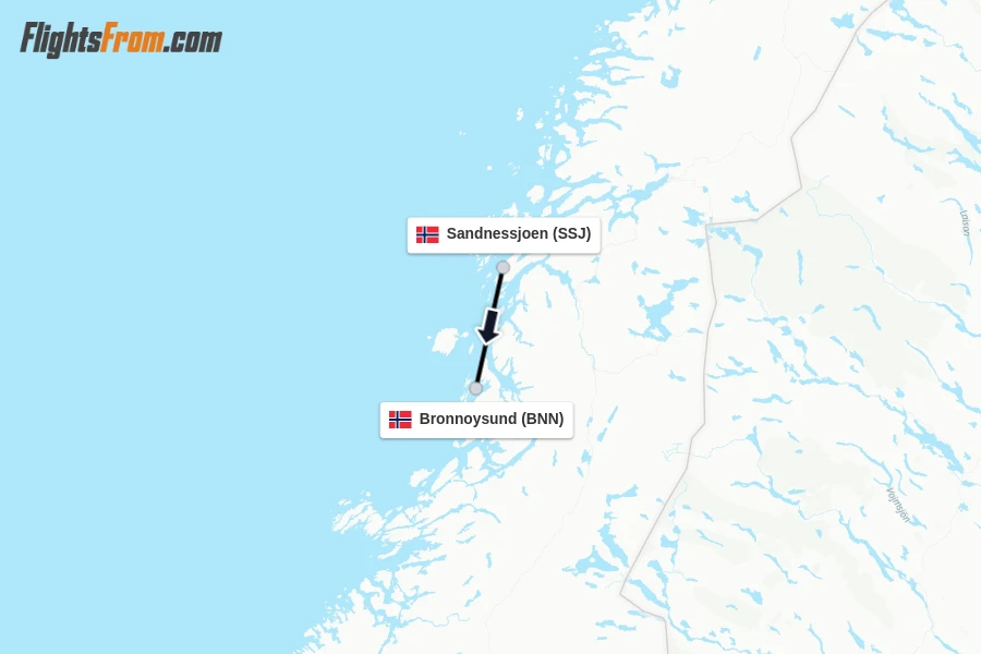 Flights from Sandnessjoen to Bronnoysund route map