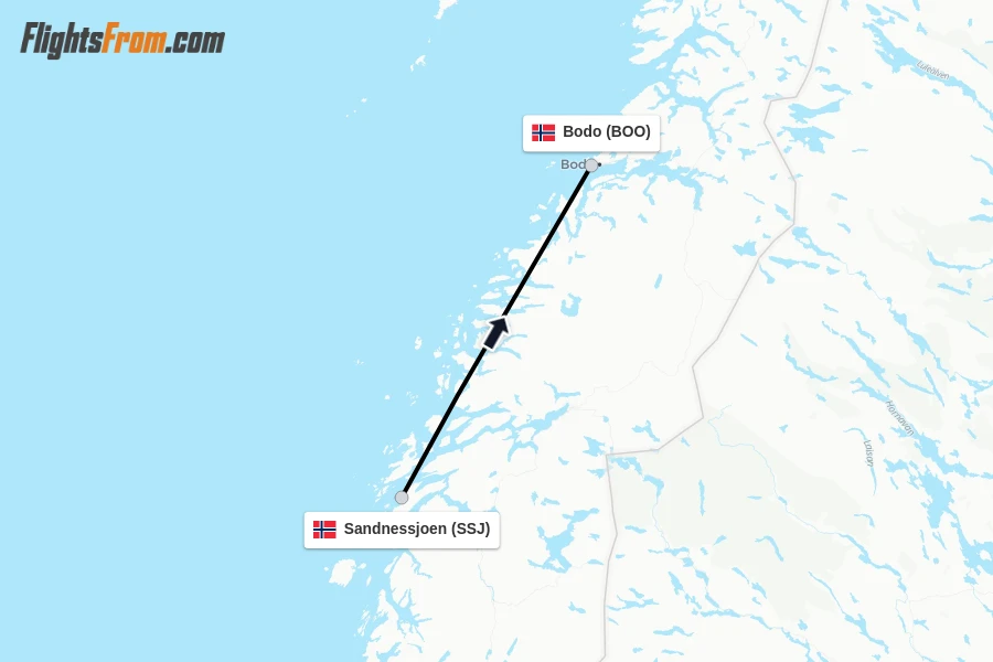 Flights from Sandnessjoen to Bodo route map