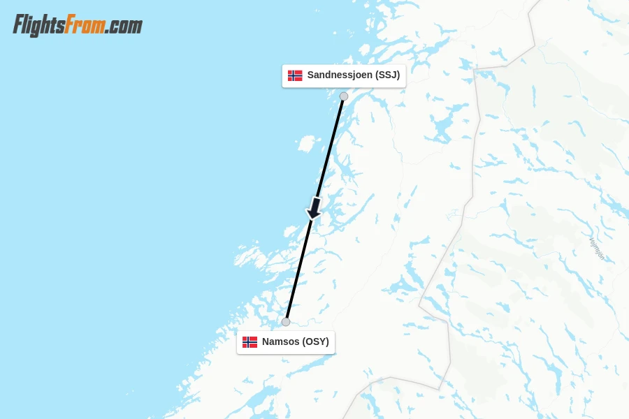 Flights from Sandnessjoen to Namsos route map