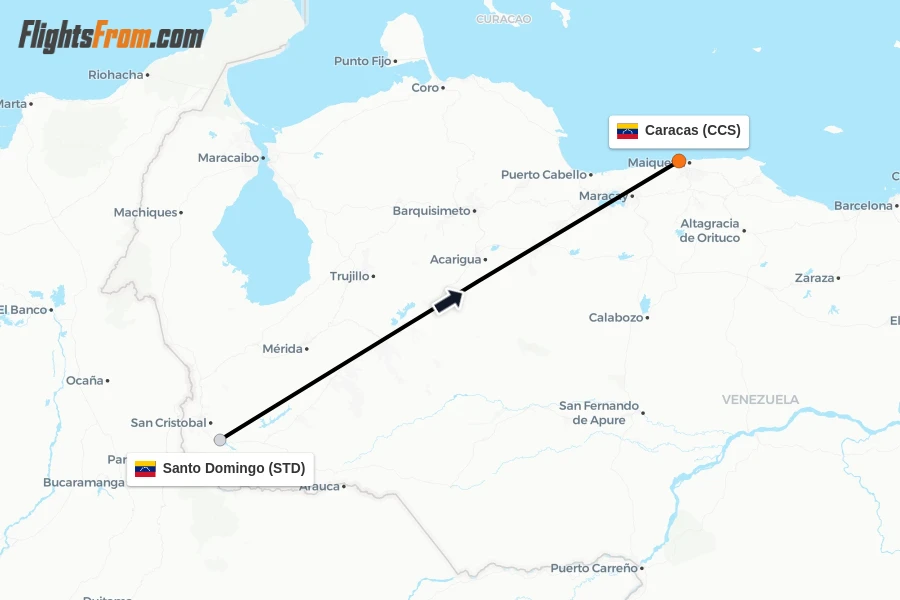 Flights from Santo Domingo to Caracas route map