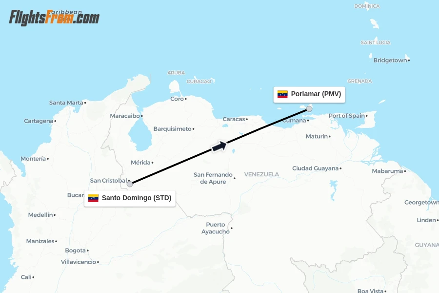 Flights from Santo Domingo to Porlamar route map