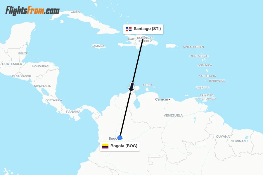 Flights from Santiago to Bogota route map