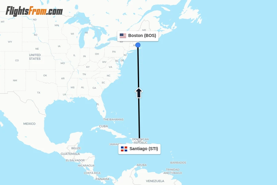 Flights from Santiago to Boston route map