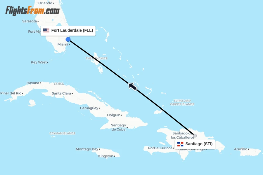 Flights from Santiago to Fort Lauderdale route map