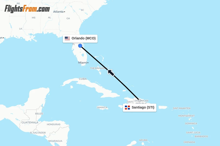 Flights from Santiago to Orlando route map