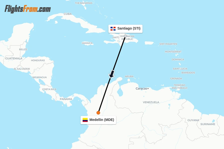 Flights from Santiago to Medellin route map